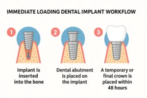 modern illustration that clearly depicts both immediate implant placement and immediate loading, showing the implant inserted and prosthetic applied shortly thereafter. The colors and clarity are strong, making it ideal for educational or promotional use.