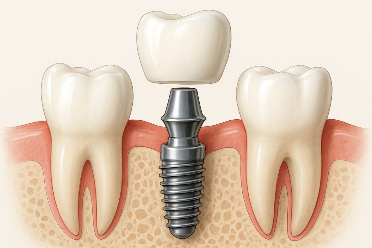 Image of a dental implant being placed in a patient's jaw. The image should clearly show the implant, abutment, and crown components. No text on image.