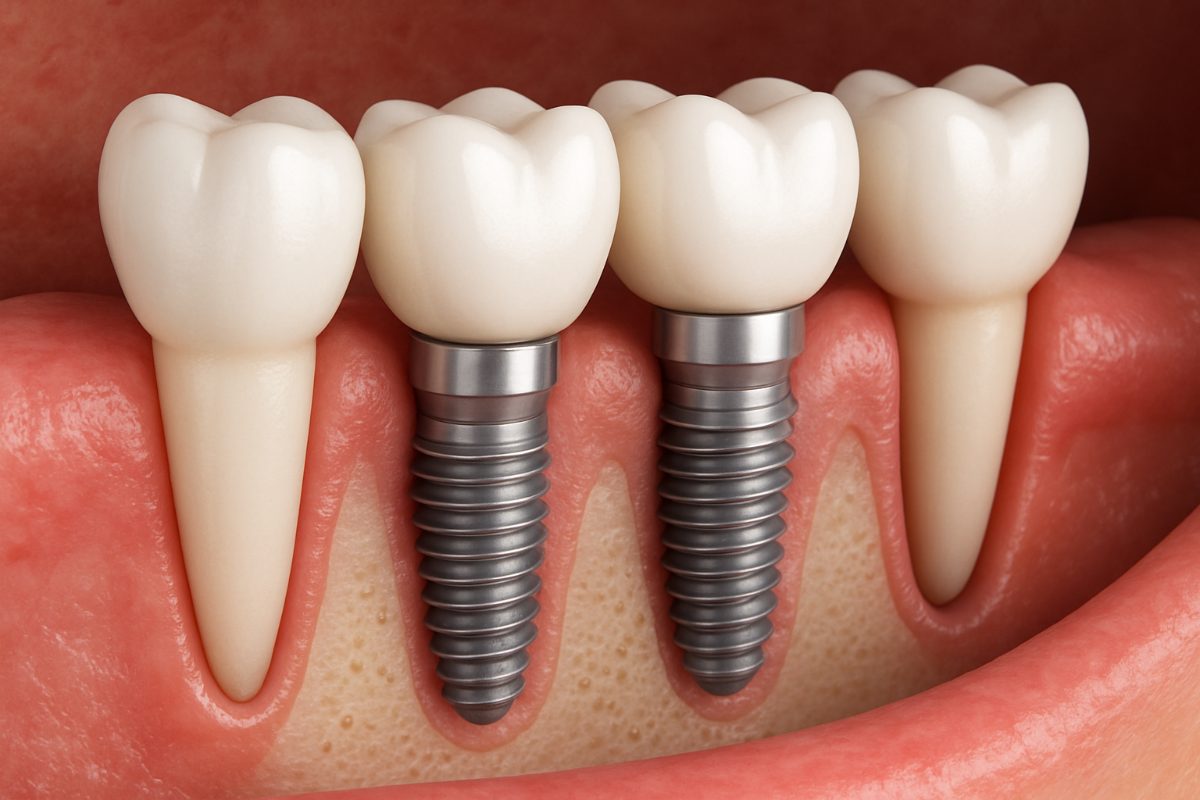 Image of a dentist explaining the dental implant process to a patient, using a 3D model or digital scan on a screen. No text on image.