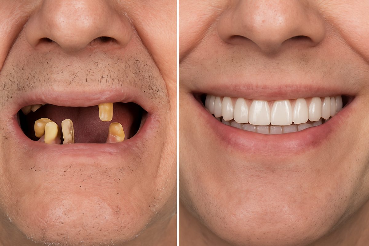 Image showcasing before and after results for implant supported dentures. The before image shows missing and damaged teeth, while the after image shows a full, natural-looking smile with implant supported dentures. No text on image.