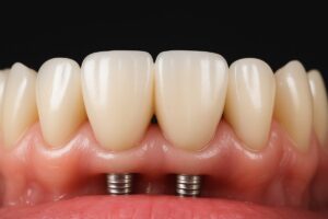 A close-up studio shot of gleaming, healthy top teeth implants, showcasing their natural appearance and secure fit. No text on the image.