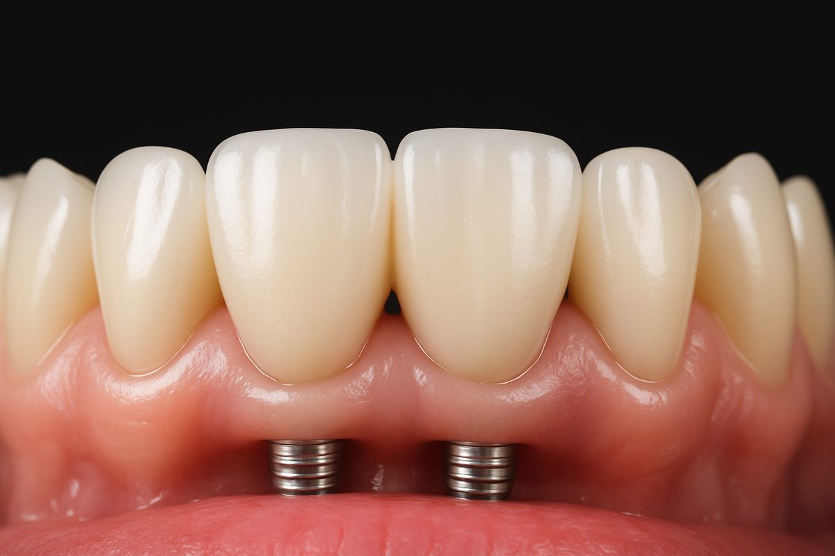 A close-up studio shot of gleaming, healthy top teeth implants, showcasing their natural appearance and secure fit. No text on the image.