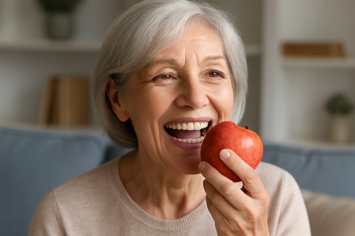 Image of a smiling senior woman with implant-supported dentures confidently eating an apple, showcasing improved chewing ability and quality of life. No text on image.