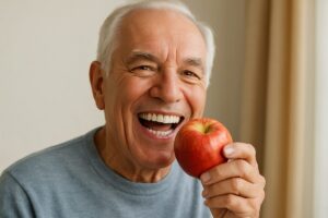 A senior male smiling with confidence, showcasing his new implant-supported dentures; he is happily eating an apple. No text on image.