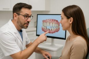 A dentist is consulting with a patient about their options for dental implants. The dentist is pointing to a digital scan of the patients mouth. No text on the image.