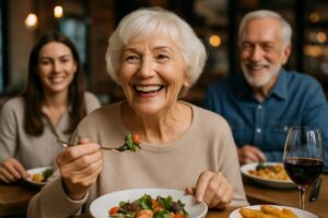 Photo of a smiling senior woman with implant supported dentures, enjoying a meal with family at a restaurant. No text on the image.